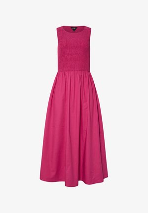 Roze mouwloos jurkje met een geborduurde buste en een vloeiende rok. Gemaakt van zachte stof, heeft het ontwerp een lange snit en een losse pasvorm.