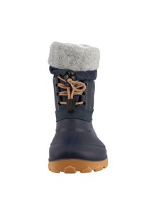 Morska, wodoodporna cholewka z szarym filcowym mankietem, brązowe sznurowadła oraz gumowa podeszwa z teksturowanym wzorem antypoślizgowym. Okrągły czubek i wysokość do połowy łydki.