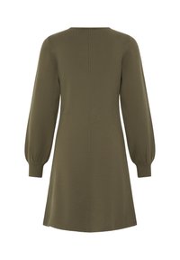Robe mini vert olive à manches longues, coupe droite, manches à poignets et couture centrale dans le dos. Aucune fermeture visible.