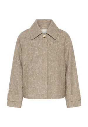 Veste à motif pied-de-poule beige en tissu texturé, avec un col, une fermeture à boutons sur le devant et deux poches latérales.