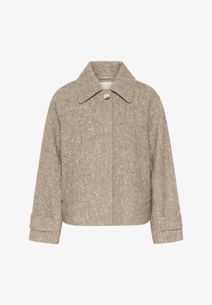 Veste à motif pied-de-poule beige en tissu texturé, avec un col, une fermeture à boutons sur le devant et deux poches latérales.