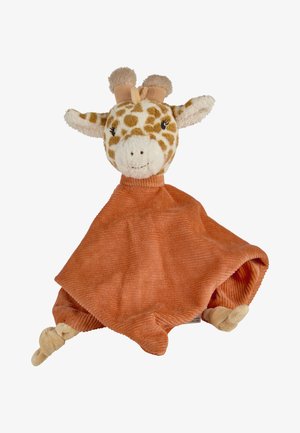 Giraffe-themed plush comforter features a fuzzy head with light brown spots and a soft orange blanket body, accented by knotted corners.