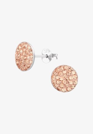 Boucles d'oreilles clous en argent avec des cristaux ronds de couleur or rose étroitement regroupés sur la surface avant, dotées de fermoirs papillon.