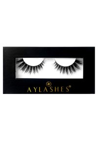 AYLASHES brand faux fur false eyelashes in black, featuring a wispy design with varying lengths for a dramatic effect, packaged in a black box.