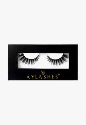 AYLASHES brand faux fur false eyelashes in black, featuring a wispy design with varying lengths for a dramatic effect, packaged in a black box.