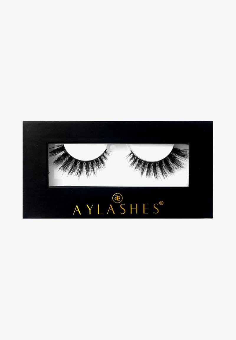AYLASHES brand faux fur false eyelashes in black, featuring a wispy design with varying lengths for a dramatic effect, packaged in a black box.