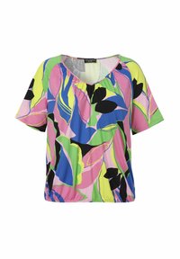 Bunt gemusterte Kurzarmbluse mit lockerer Passform, die ein Blattmuster in Pink, Grün, Blau und Schwarz aufweist, mit einem runden Ausschnitt.