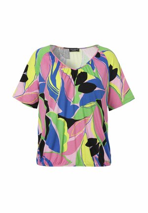 Bunt gemusterte Kurzarmbluse mit lockerer Passform, die ein Blattmuster in Pink, Grün, Blau und Schwarz aufweist, mit einem runden Ausschnitt.