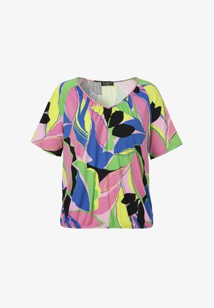 Bunt gemusterte Kurzarmbluse mit lockerer Passform, die ein Blattmuster in Pink, Grün, Blau und Schwarz aufweist, mit einem runden Ausschnitt.