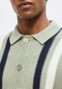 Κοντινό πλάνο ενός ατόμου που φορά ένα ανοιχτοπράσινο πλεκτό πόλο με κάθετες λωρίδες σε ναυτικό μπλε και λευκό χρώμα και δύο ορατά κουμπιά.