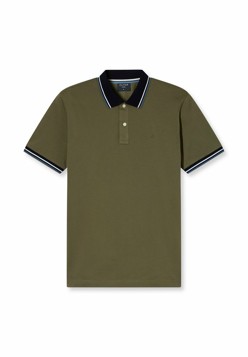 Polo verde oliva in cotone, con colletto blu e righe bianche e blu e patta con due bottoni. Maniche corte con dettagli a strisce.