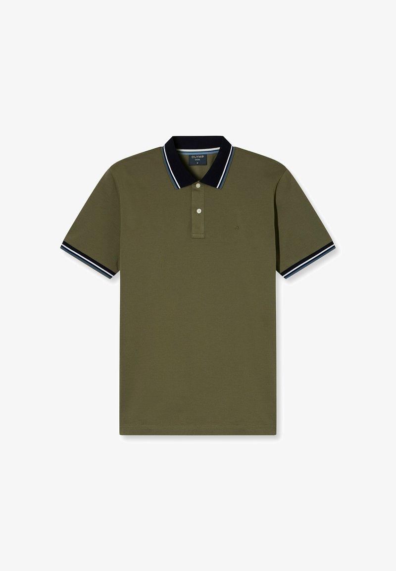 Olijfgroene polo t-shirt van katoen, met een marineblauwe kraag met blauwe en witte strepen en een tweeknoopsluiting. Korte mouwen met gestreepte accenten.