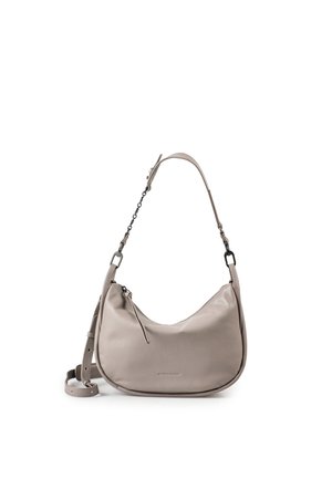 Soft gray leather shoulder bag with crescent shape, detachable adjustable strap, chain detail, and zipper closure.