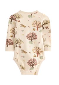 Långärmad babybodysuit i beige med fantasifulla djur- och trädmönster i rött, grönt och gult, tillverkad av mjukt bomullsmaterial.