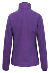 Lilla zip-up jakke med høj krave, lange ærmer med elastiske manchetter og et glat, tekstureret stof. Ingen synlige beslag eller mønstre.