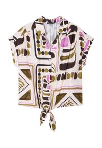 Camicia a maniche corte con bottoni e nodo all'orlo, caratterizzata da un motivo geometrico multicolore nei colori rosa, verde, marrone e bianco.