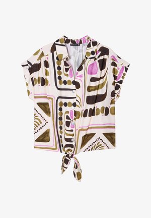 Korte mouwen, knoopsluiting shirt met een knoop aan de onderkant, voorzien van een multicultureel geometrisch patroon in roze, groen, bruin en wit.