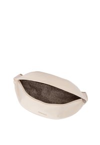 Beige Handtasche aus strukturiertem Material, halbovale Form, Reißverschluss, außen mit Logo und gemustertem Innenfutter.