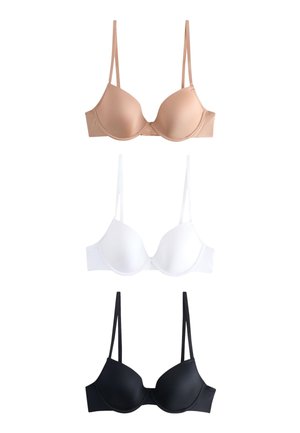 Trzy usztywniane biustonosze z regulowanymi ramiączkami, ułożone pionowo w kolorach beżowym, białym i czarnym na białym tle.