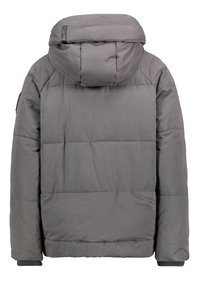 Veste d'hiver matelassée grise avec capuche, manches longues et poignets côtelés, vue de dos.