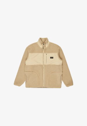 Beige fleece jacket with a smooth nylon upper section and a high collar. Features zip closure and two side pockets with rounded edges.
