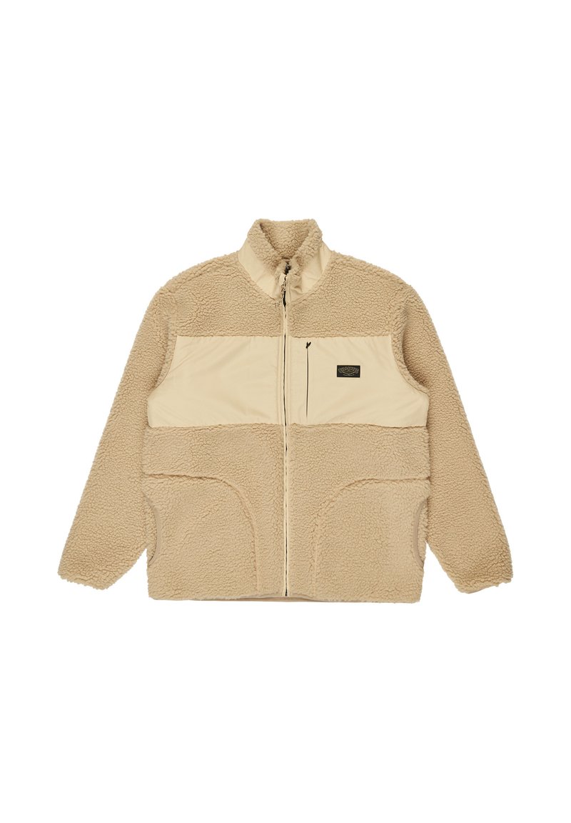 Giacca in pile beige con una parte superiore in nylon liscio e un colletto alto. Presenta una chiusura a zip e due tasche laterali con bordi arrotondati.