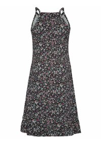 Robe noire à fleurs avec fines bretelles, dotée d'un corsage ajusté et d'une jupe évasée. Motifs de fleurs roses, bleues et blanches. Texture de tissu douce.