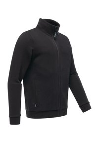 Felpa nera con zip realizzata in tessuto morbido, caratterizzata da un alto colletto, maniche lunghe e polsini e orlo a costine per una vestibilità aderente.