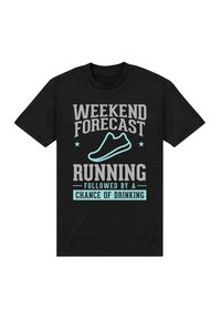 Czarny bawełniany t-shirt z graficznym wzorem oraz tekstem w odcieniach szarości i turkusu. Tekst brzmi: "Prognoza na weekend: Bieganie, a potem szansa na picie."