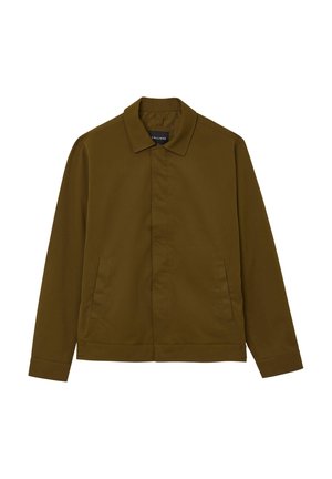 Olivengrüne leichte Jacke mit flachem Kragen, durchgehendem Reißverschluss, zwei Seitentaschen und geradem Saum. Glatte Stoffstruktur.