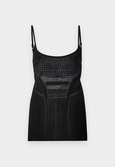 Haut noir sans couture sans manches avec bretelles spaghetti ajustables et motifs texturés, comportant les inscriptions "MISBHV" et "SPORT" sur le devant.