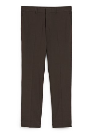 Dunkelbraune formelle Hose mit Gürtelschlaufen, vorderen Taschen und einem sauberen, gerade geschnittenen Bein vor weißem Hintergrund.