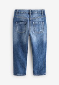 Jeans in denim blu, taglio dritto, vita a media altezza, design a cinque tasche, leggeri segni di usura sulle tasche posteriori, tessuto testurizzato.