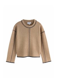 Beigefarbener, gekürzter Pullover mit geripptem Muster, marineblauen Akzentnähten, Rundhalsausschnitt und lässigen langen Ärmeln. Weiches, gestricktes Material.