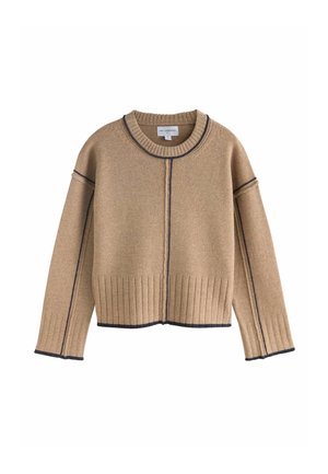 Beigefarbener, gekürzter Pullover mit geripptem Muster, marineblauen Akzentnähten, Rundhalsausschnitt und lässigen langen Ärmeln. Weiches, gestricktes Material.