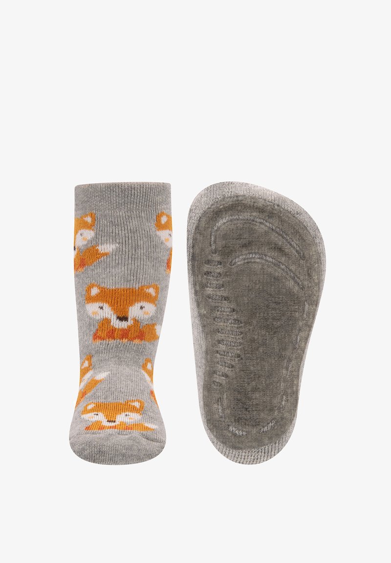 Graue Socken mit einem Muster von orangefarbenen Füchsen, aus weichem Material gefertigt, mit einer strukturierten grauen Sohle für Grip und Komfort.