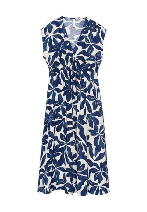 Vestido midi blanco sin mangas con escote en V profundo y un gran estampado floral azul, con cintura elástica y cordón ajustable.