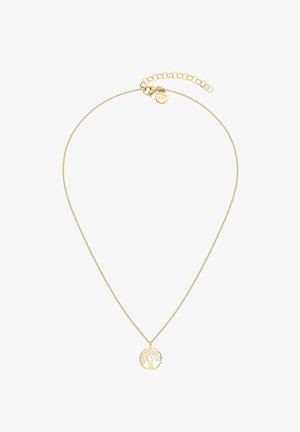 Guldhalskæde med en rund vedhæng med et trædesign, detaljeret med udsnitne grene, på en delikat kæde med en lås.