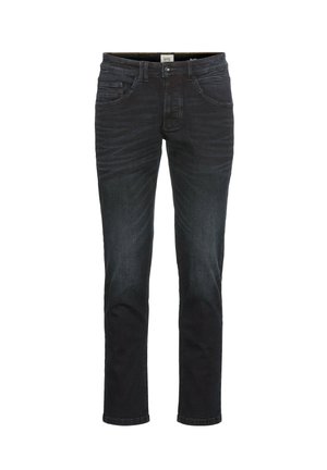 Slim-fit jeans in een donkere denimwassingen, met vijf zakken, riemlussen en een rits. Glad textuur met minimale vervaging en stikseldetails.