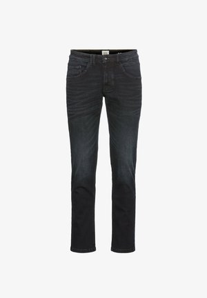 Wąskie dżinsy w ciemnym deninie, z pięcioma kieszeniami, szlufkami na pasek i zamkiem błyskawicznym. Gładka tekstura z minimalnym przetarciem i detalami szwów.