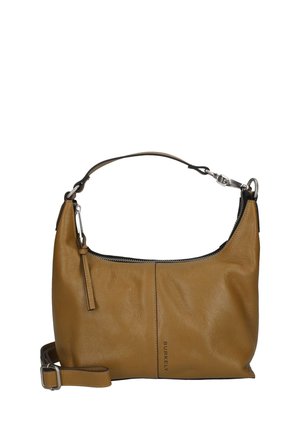 Brown leather handbag with short handle and adjustable shoulder strap, zipper closure, and vertical "Burkely" logo on front.