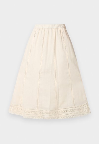 Μίντι κρέπ φούστα με σχήμα Α, ελαστική μέση, κάθετες λωρίδες με βελονιές και δαντέλα κατά μήκος του ποδόγυρου.