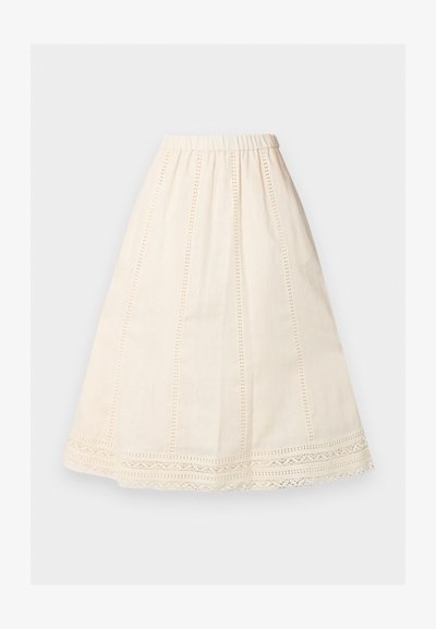 Μίντι κρέπ φούστα με σχήμα Α, ελαστική μέση, κάθετες λωρίδες με βελονιές και δαντέλα κατά μήκος του ποδόγυρου.