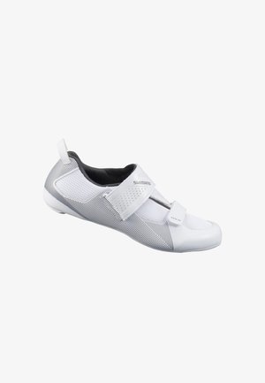 Chaussure de cyclisme blanche avec intérieur noir, panneaux en mesh et design texturé. Comprend deux sangles réglables et une semelle profilée basse.