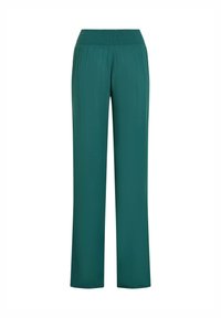 Tirkīza krāsas plašas bikses ar elastīgu jostu un gludu, vieglu audumu. Tiesas piegriezums bez redzamiem rakstiem vai izcēlumiem.