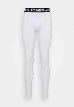 Weiße Leggings aus elastischem Material, mit einem schwarzen elastischen Bund und "Jack & Jones"-Logo sowie einer glatten Textur.