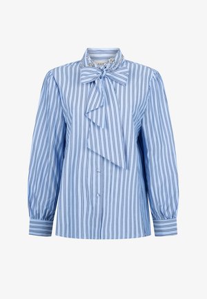 Himmelblaue gestreifte Bluse mit langen Puffärmeln, Schleifendetail am Kragen und Knopfschlussleiste auf der Vorderseite. Weicher Stoff.
