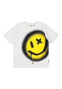 White cotton T-shirt featuring a large black and yellow graffiti-style smiley face with drips. Short sleeves and crew neck design.