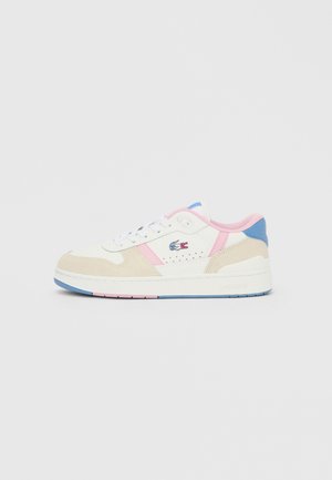 Lacoste sneaker in white leather and light tan suede. Features pink and blue accents, textured panels, and white laces with rubber sole.