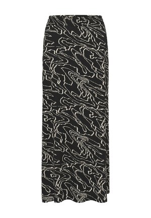 Zwarte midi-rok met beige abstracte golvende lijnpatronen en een rechte zoom, ontworpen met een getailleerde taille en een zijsplit.